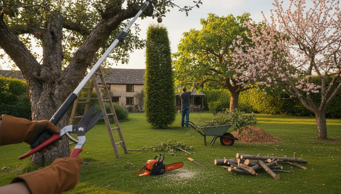 Beskæring af fire træer i en have med stige, grensakse og en trillebør fyldt med afskårne grene.
