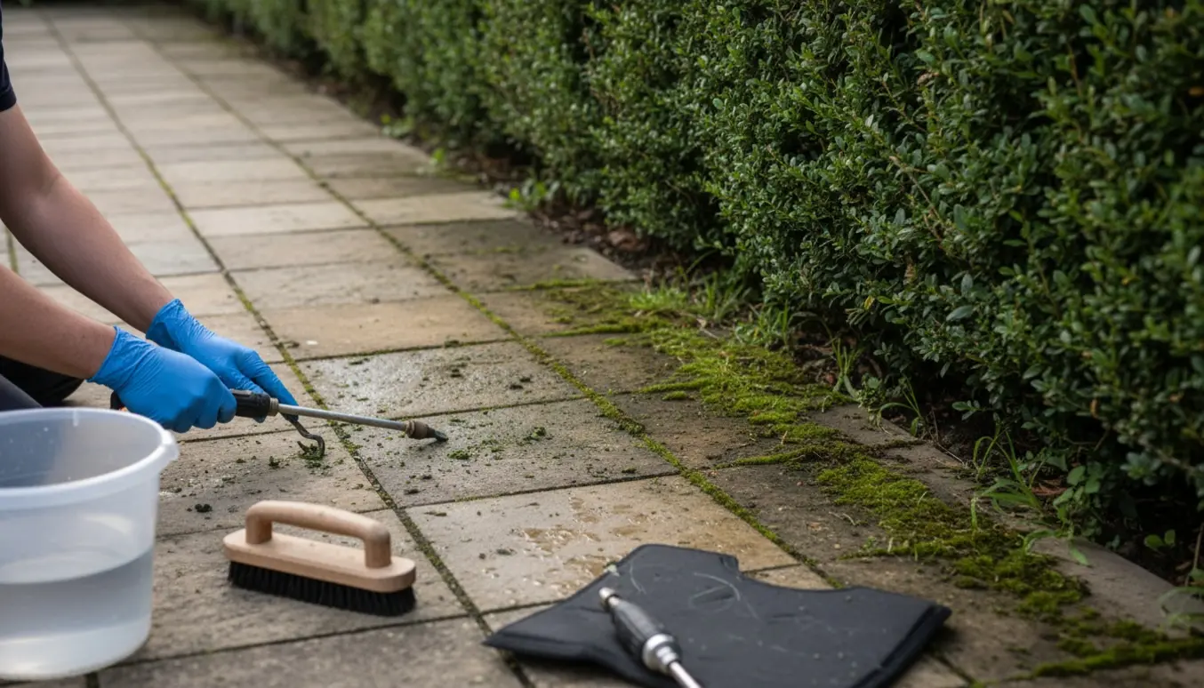 Fliseterrasse hvor mos, ukrudt og alger fjernes langs en hæk med børste, skraber og vand.