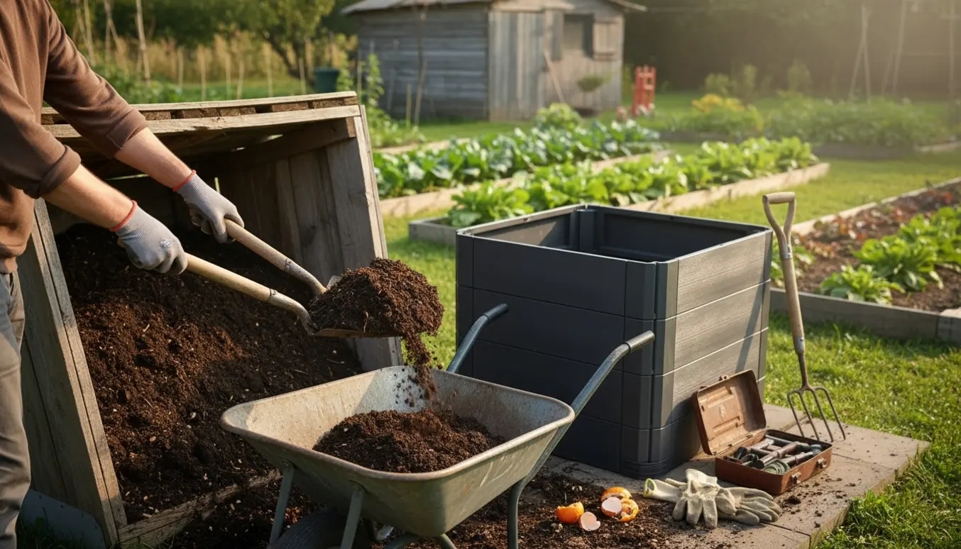Hænder i handsker flytter mørk kompost fra en gammel kompostkasse til en ny kompostbeholder i en solbeskinnet have.