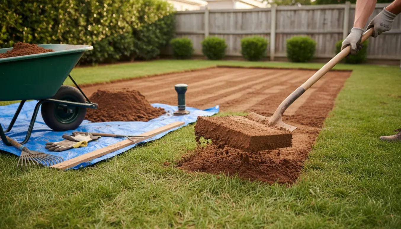 Havearbejde hvor et tyndt lag lerjord fjernes med spade, skovl og trillebør i en baghave.