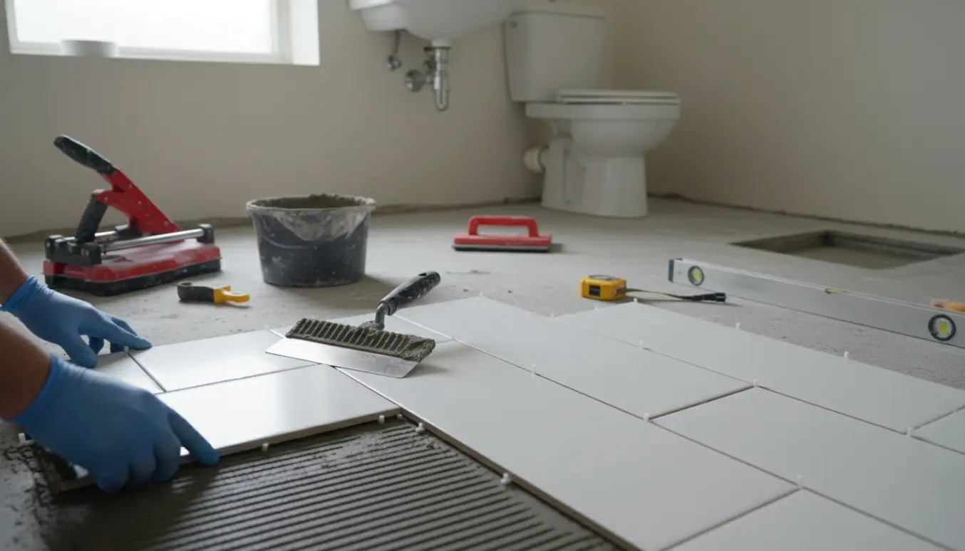 Hænder placerer nye porcelænsfliser i et lille badeværelse med håndvask, toilet og bruseafløb bevaret.