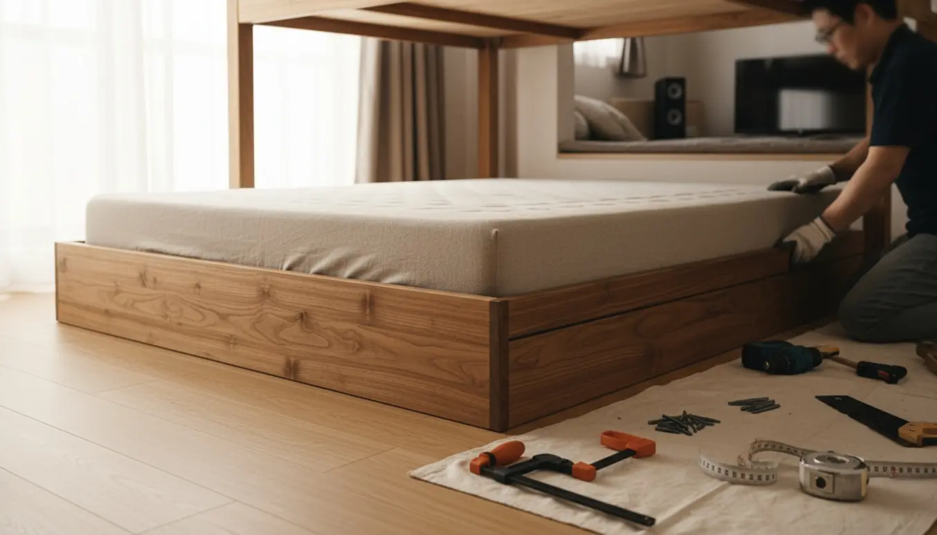 Robust treramme på ca. 30 cm højde under en loftseng med værktøj klar til montering.