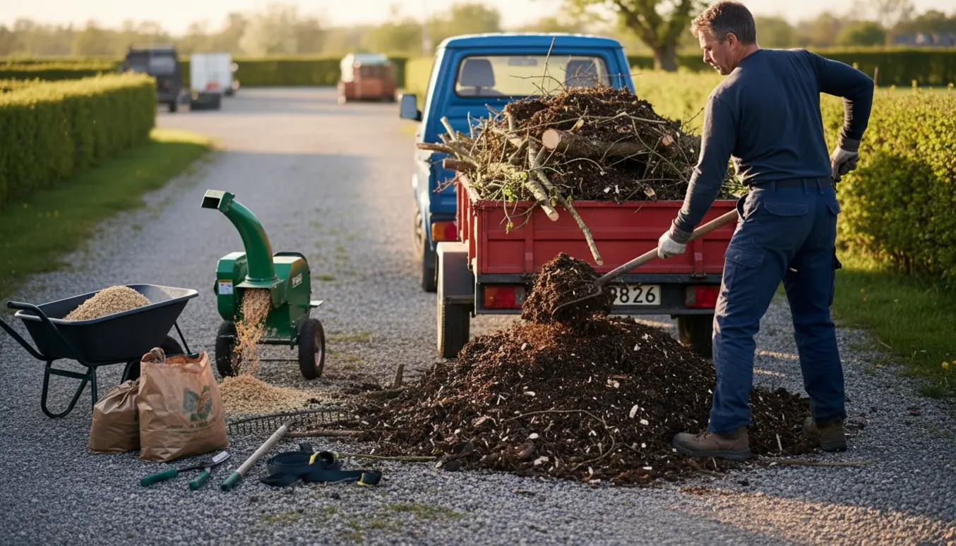Trailer læsset med en stor bunke grene og flere års kompost ved en indkørsel.