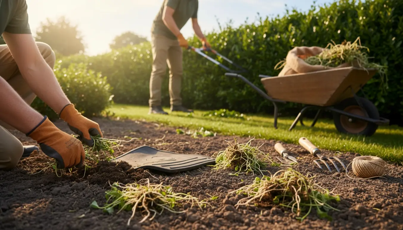 Hænder i handsker fjerner ukrudt fra et bed ved en hæk med haveredskaber og skottkærre i blødt morgenslys.