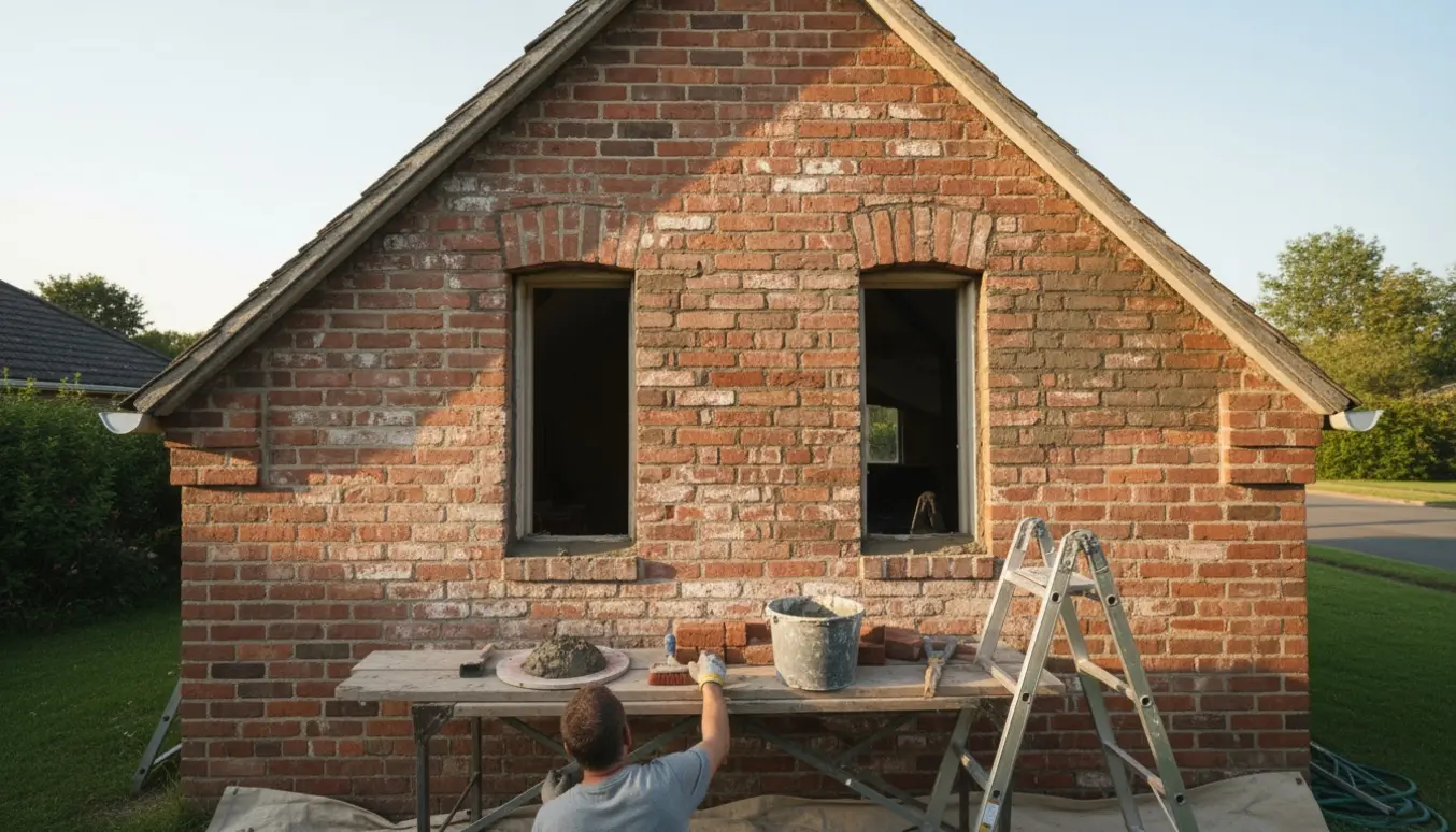 Omfugning af gavl med håndværker, friskt mørtel og udskiftede mursten ved to store vinduer.
