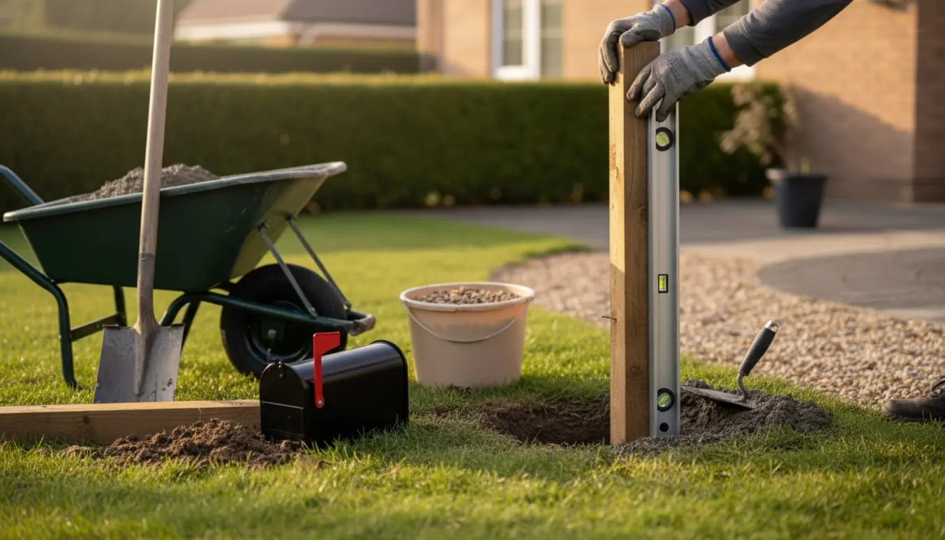 Nærbillede af opsætning af ny postkasse i have med våd beton og værktøj.