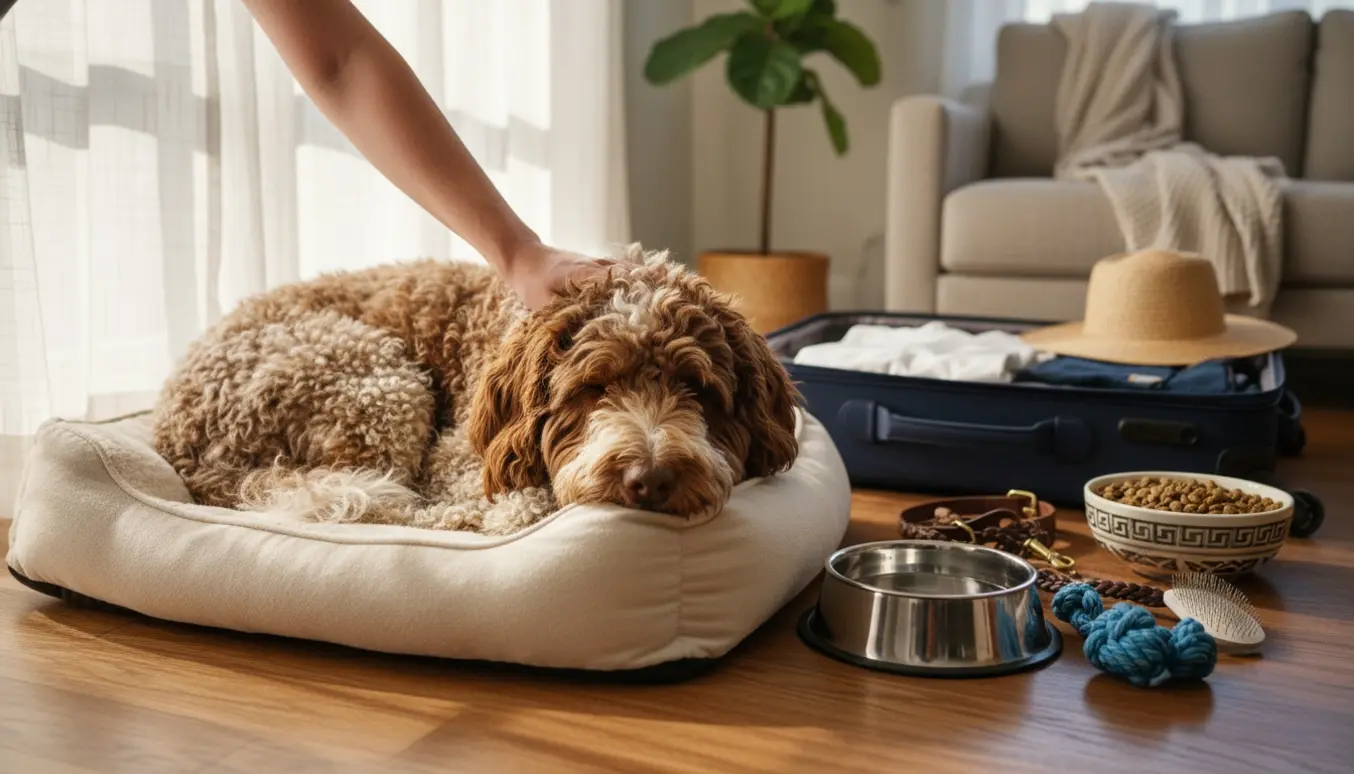 En Lagotto Romagnolo ligger på en hundeseng i en solbeskinnet stue med vandskål, legetøj og en åben kuffert i baggrunden.
