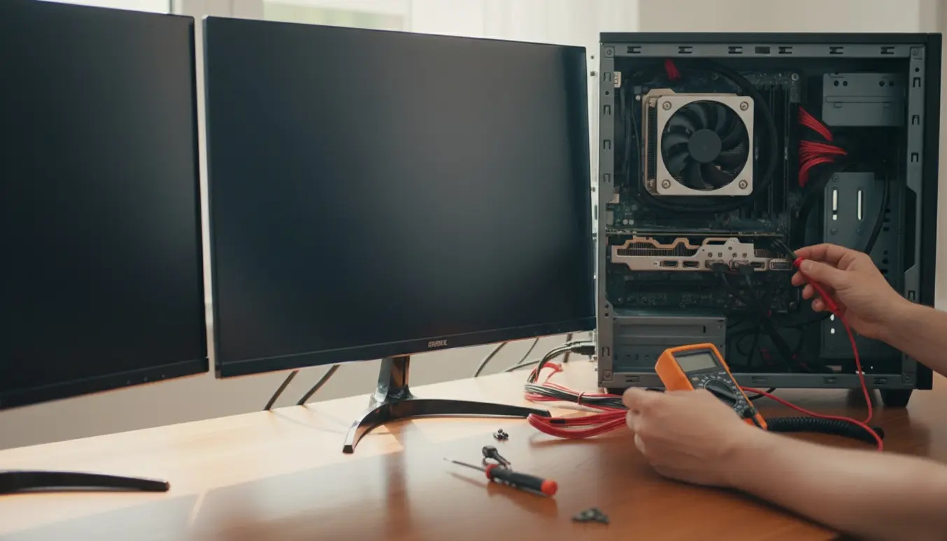 Hænder tester HDMI- og DisplayPort-kabler bag en stationær PC med en mørk skærm.