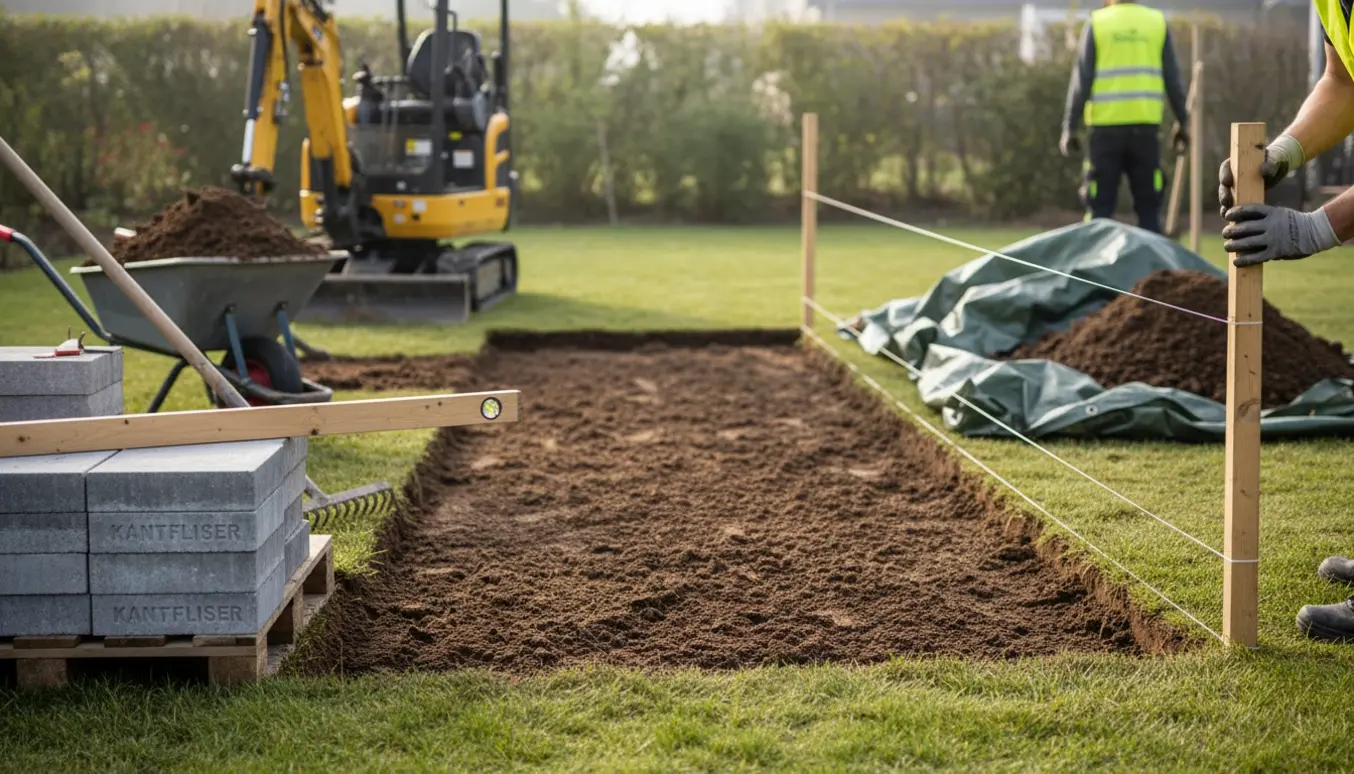 Græsplæne afrettet med minigraver, bunker af opgravet jord og stablede kantfliser klar til bortskaffelse.