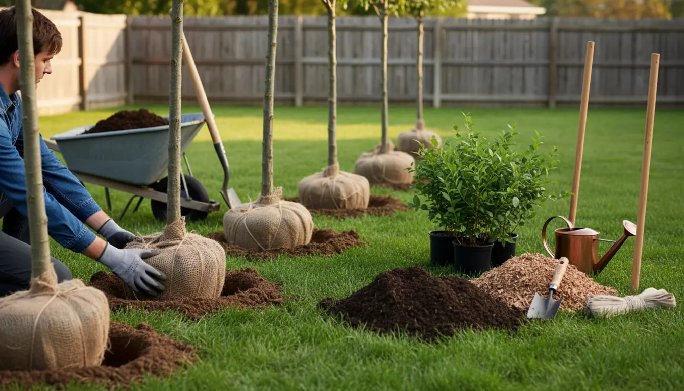 Seks unge træer og blåbærbuske plantes i en solbeskinnet have med skovle og trillebør.