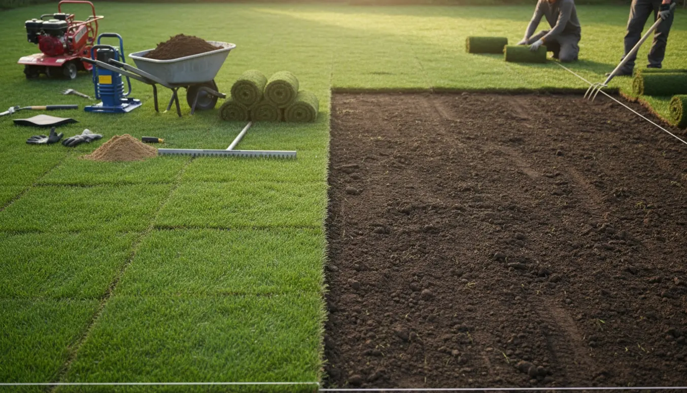 Halv færdig baghave med frisk rullegræs på den ene side og nypløjet, nivelleret jord og haveredskaber på den anden.