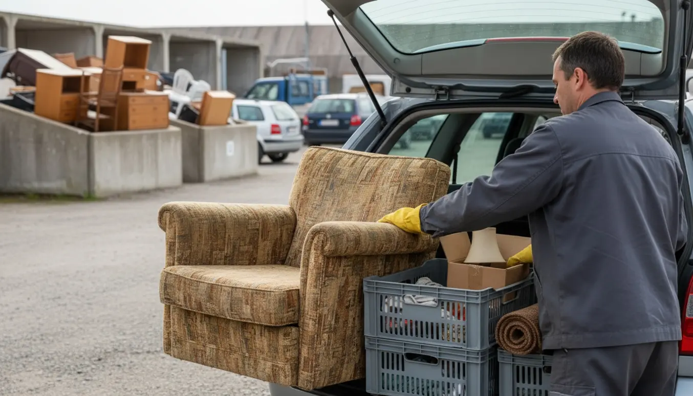 Åben bilbagagerum med en lænestol og to plastkasser klar til aflevering på genbrugsstationen.