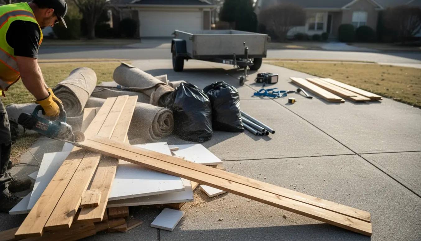 Bortskaffelse af byggeaffald i en indkørsel med en trailer, hvor en arbejdstager saver terrassebrædder.