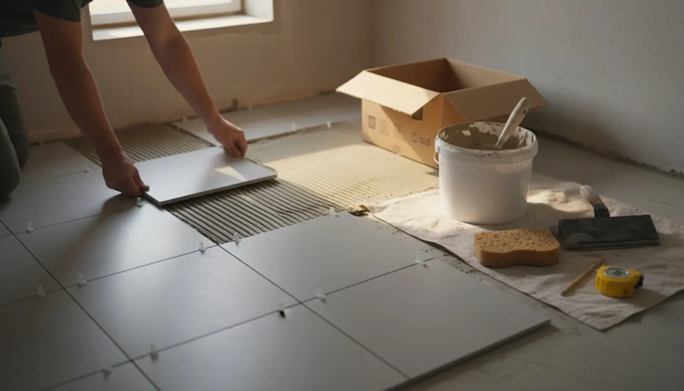 Nyrenoveret kælderrum med nylagte kvadratiske fliser, værktøj og en hånd, der placerer en flise.