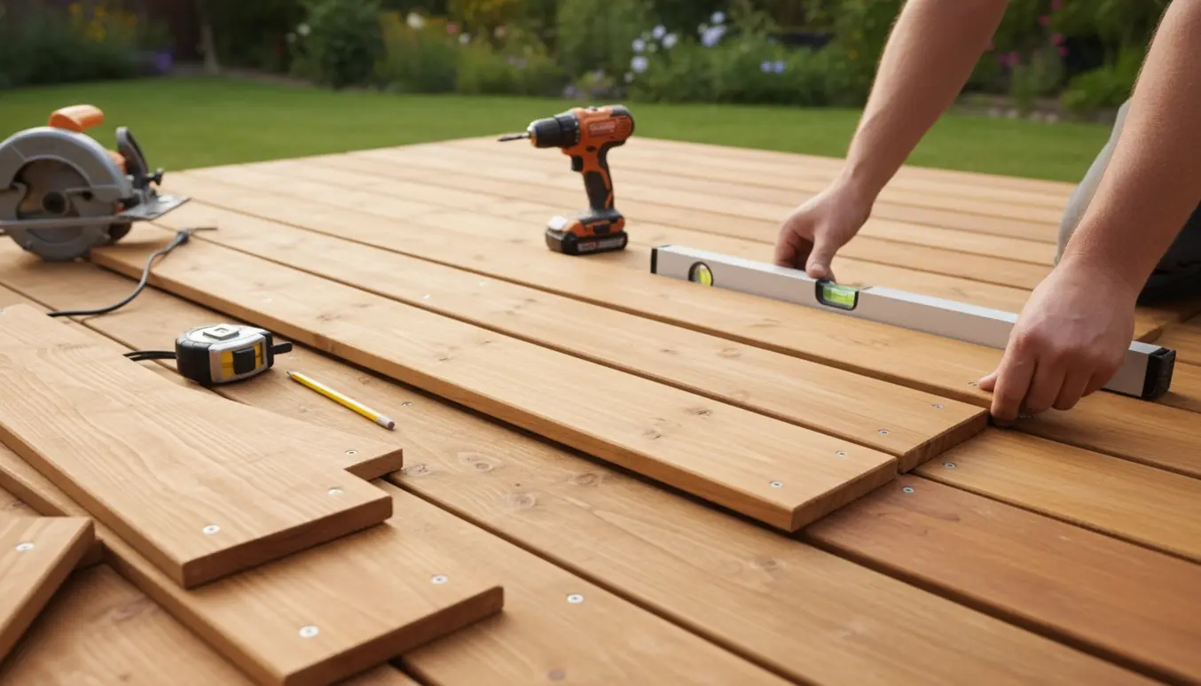 Hænder lægger nye terrassebrædder med vaterpas og skruemaskine på et trædæk.