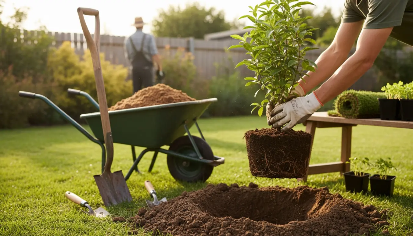 Hænder i havehandsker planter en lille busk i et nyligt gravet plantehul i en solrig baghave.
