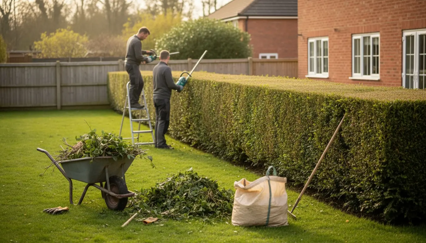 Lang hæk i en parcelhushave klippes, med bunker af grønt affald og haveredskaber i forgrunden.
