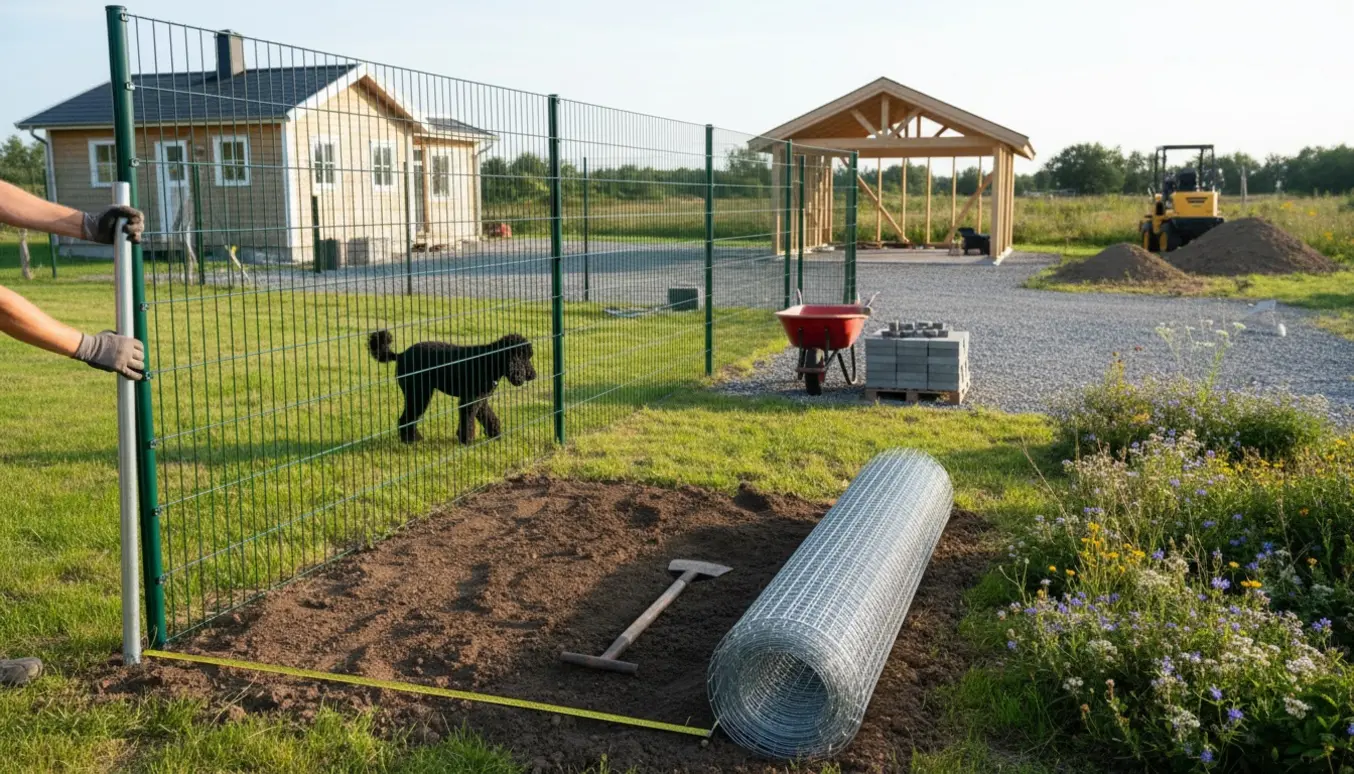 Delvist opsat trådhegn omkring sommerhusgrund med kongepudel og byggeudstyr i baggrunden.
