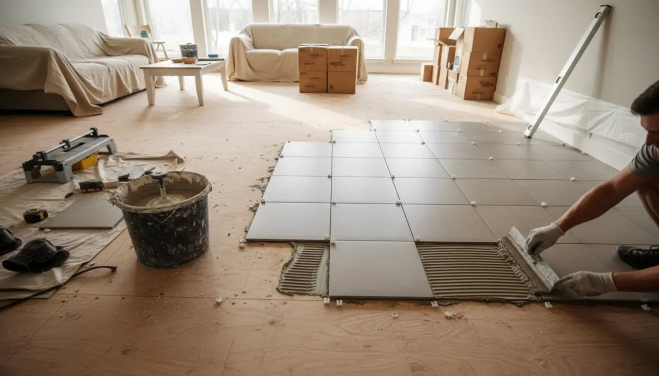 Stue under gulvrenovering med delvist lagt flisegulv, værktøj og kasser med fliser i baggrunden.