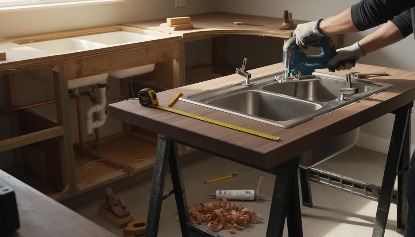 Udskiftning af køkkenbordplade med ny bordplade og vask, håndværkeres hænder arbejder med værktøj og klemmer.