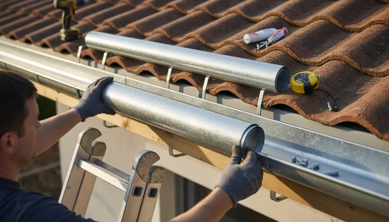 Montør monterer nye zink-tagrender på eksisterende rendekroge under taget.