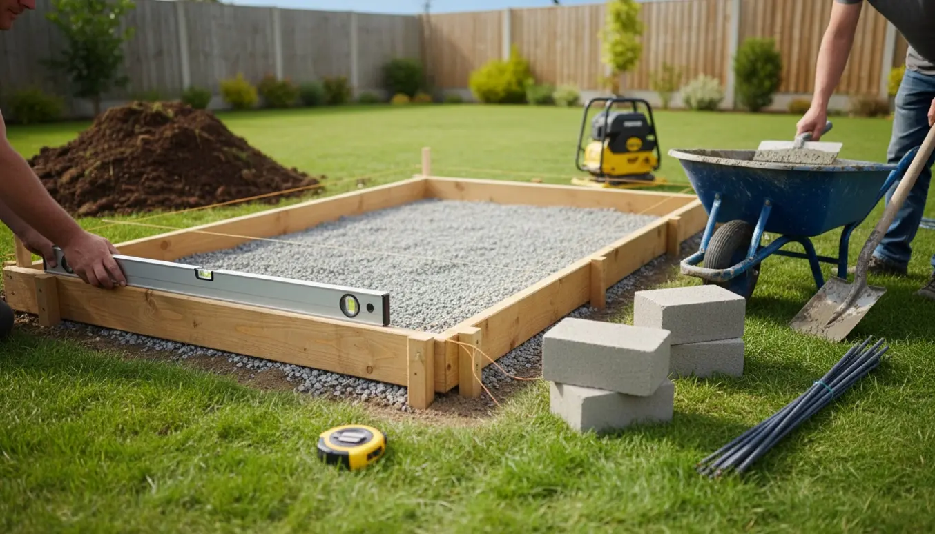 Færdigt fundament til et mellemstort skur med træforskalling, komprimeret grus, værktøj og arbejdshænder i en baghave.