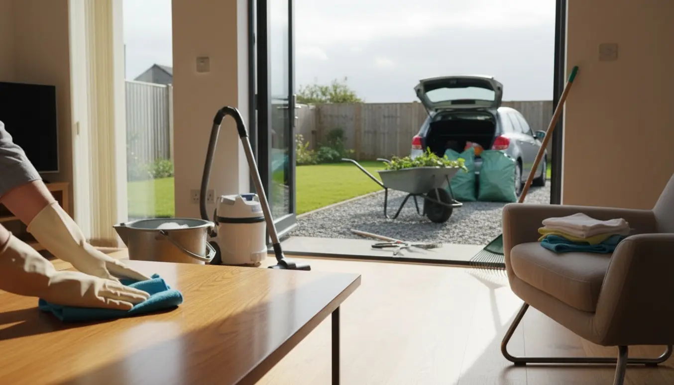 Rengøringsudstyr i et lyst hjem med åben dør til en trimmet have og en bil med haveaffaldsposer klar udenfor.
