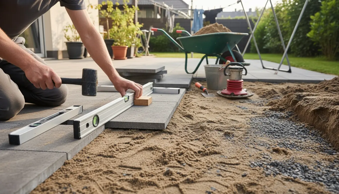 Hænder lægger fliser på en terrasse og ved et tørrestativ med vaterpas og værktøj i nærheden.