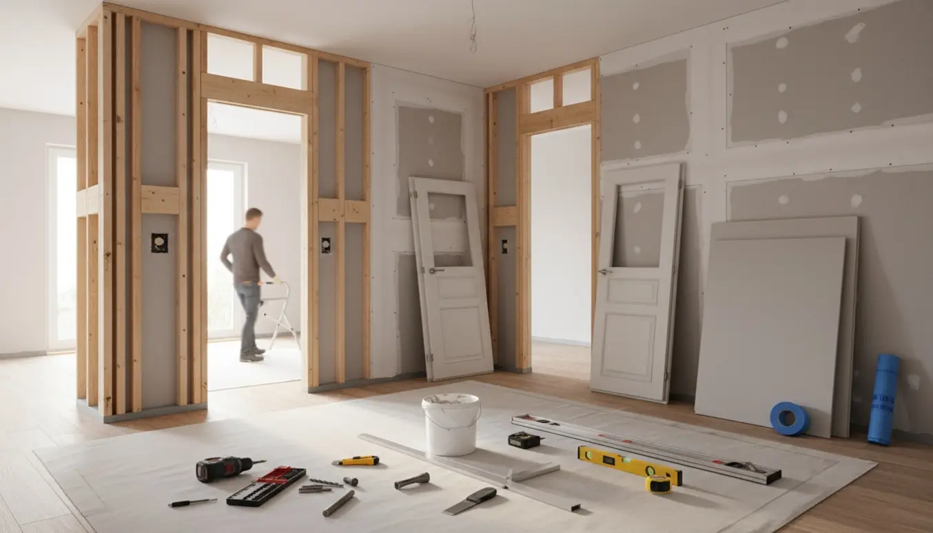 Delvist opført indervæg i et lyst rum med to døråbninger, byggematerialer og værktøj på plads.