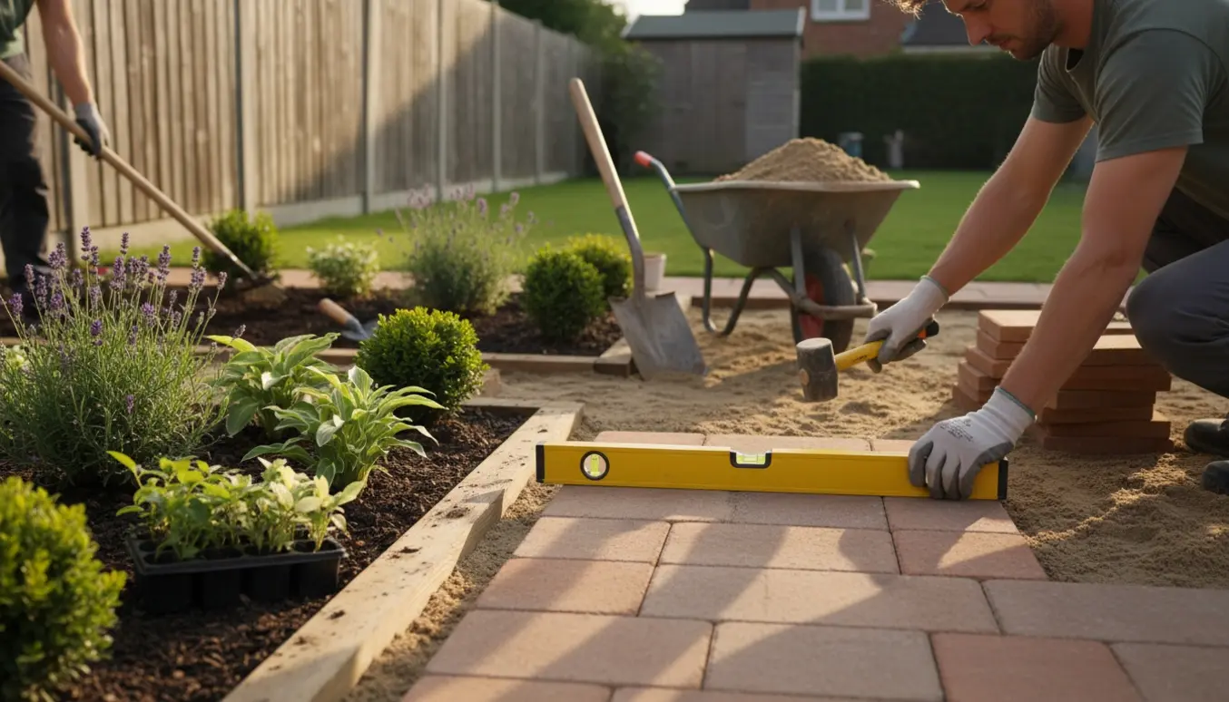 Hænder der lægger fliser i en baghave ved siden af nyanlagte bede med frisk jord og planter.
