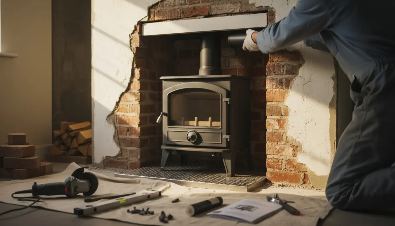 Montering af en sort brændeovn og rørsystem gennem et hul i væggen, med værktøj og mursten omkring.