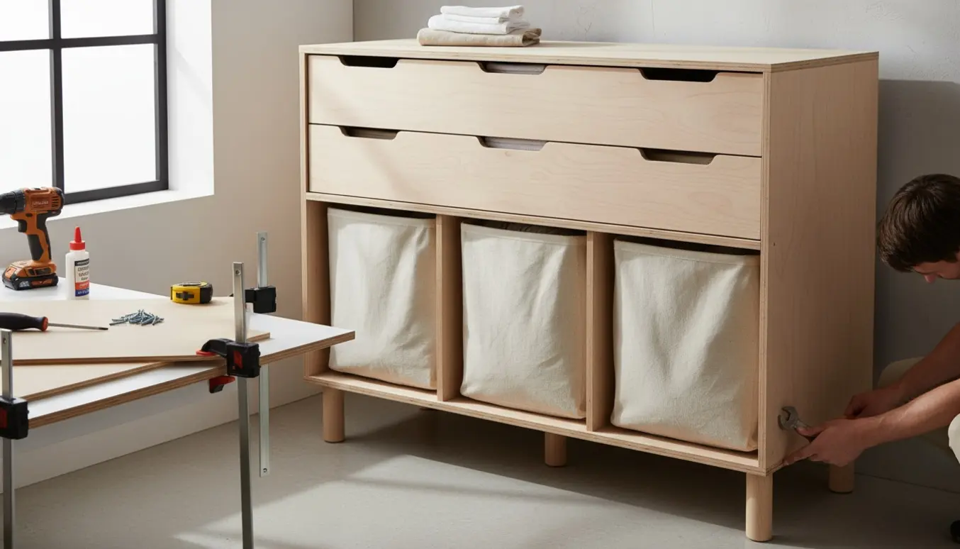 Hjemmelavet vasketøjsmøbel i MDF med tre smalle skuffer og tre stofspande på ben i et lyst bryggers.