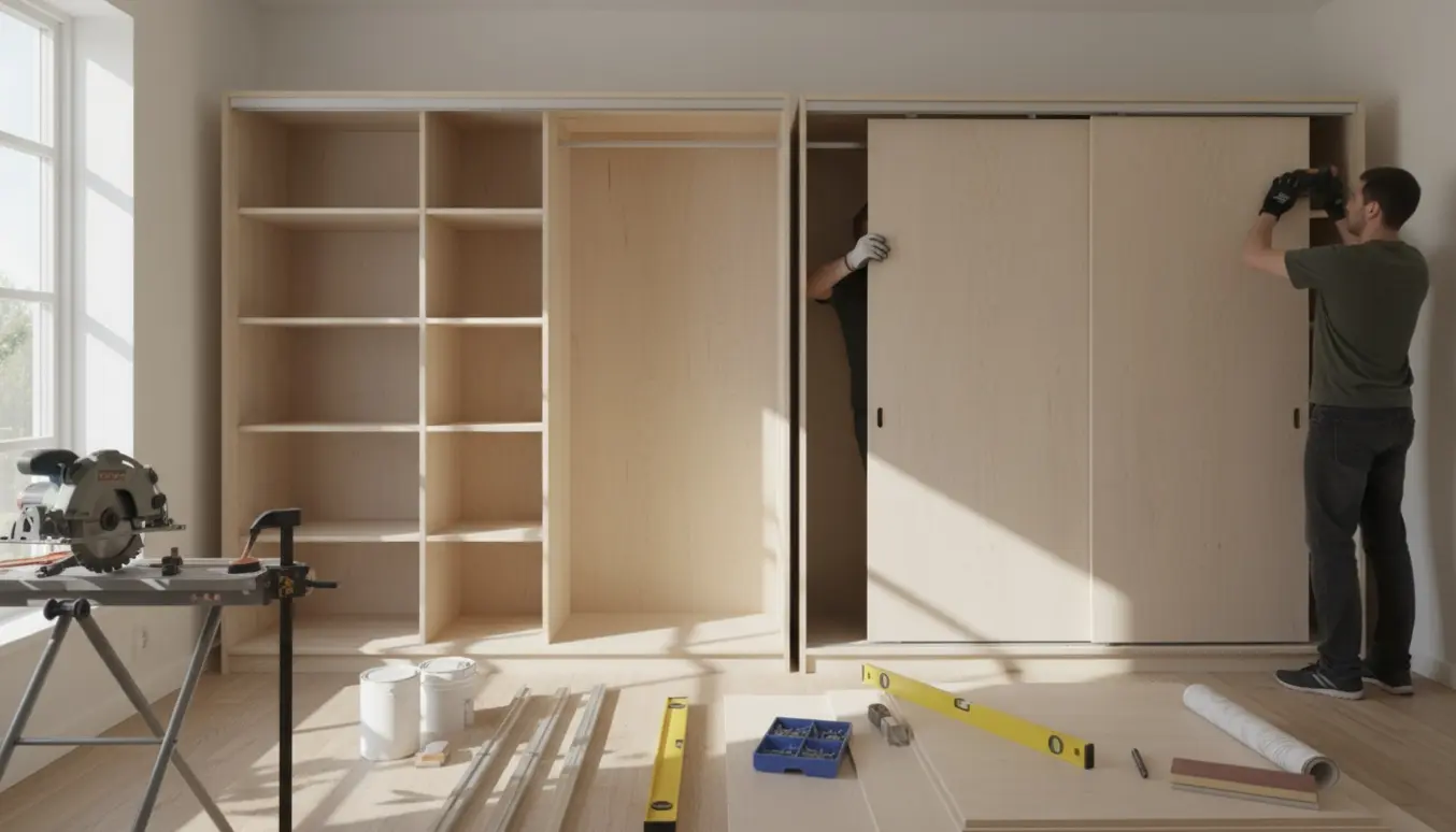 To påbegyndte klædeskabe i et soveværelse, den ene med synlig indmad og den anden med skydedør under montering.