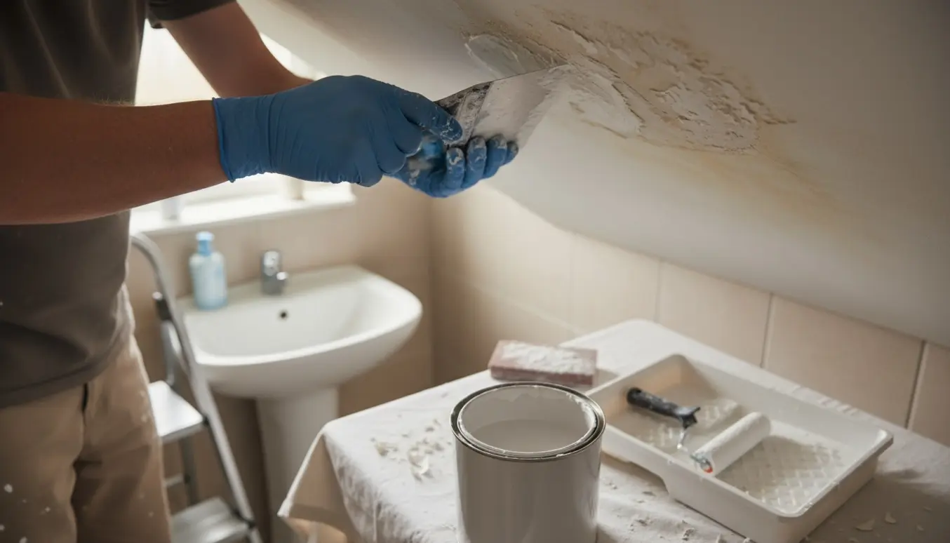 Loftsreparation i et lille badeværelse med spartel, slibeværktøj og hvid maling.