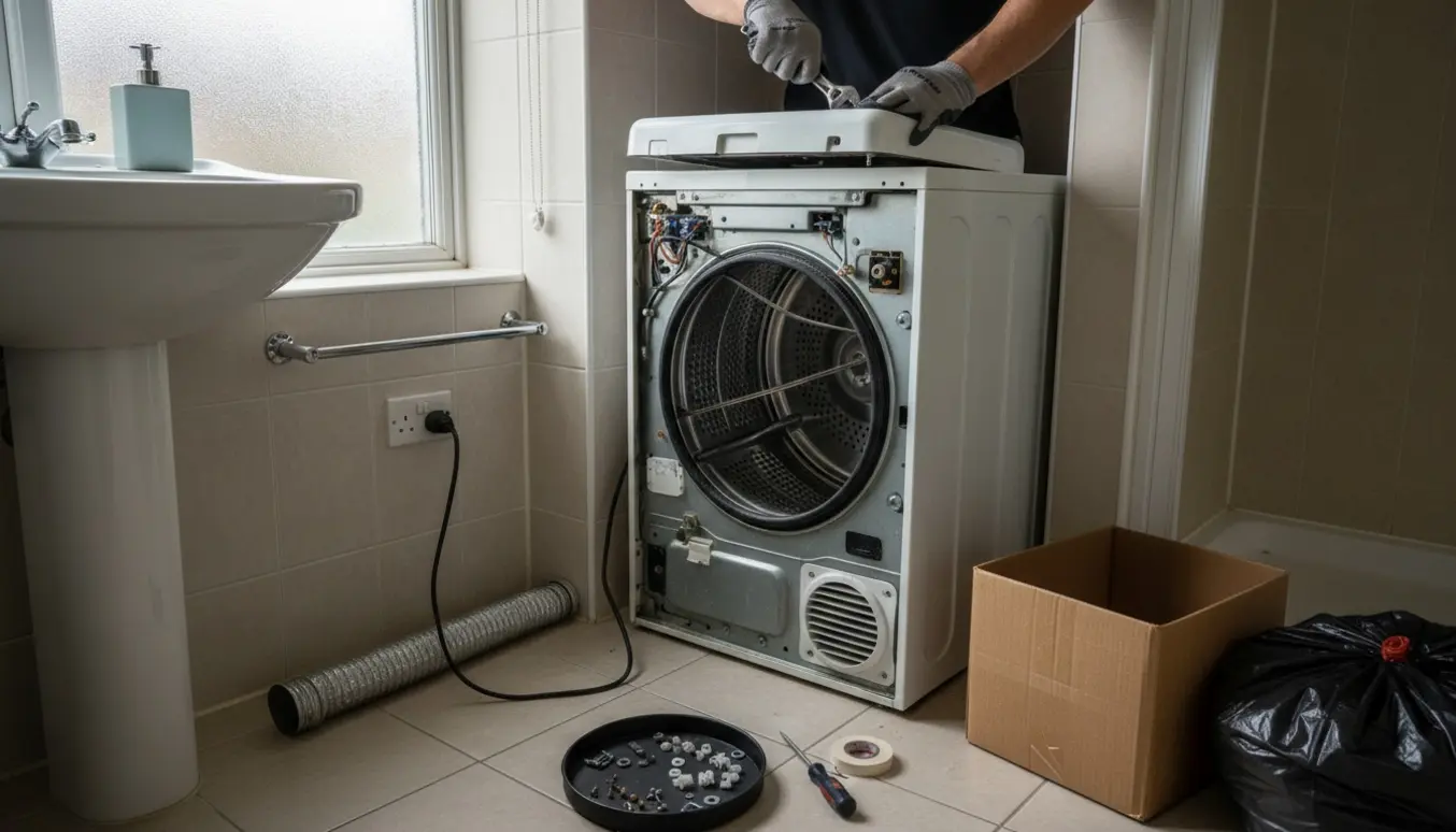 Delvist demonteret tørretumbler i et lille rækkehus-badeværelse med værktøj og frakoblet strøm, klar til bortskaffelse.