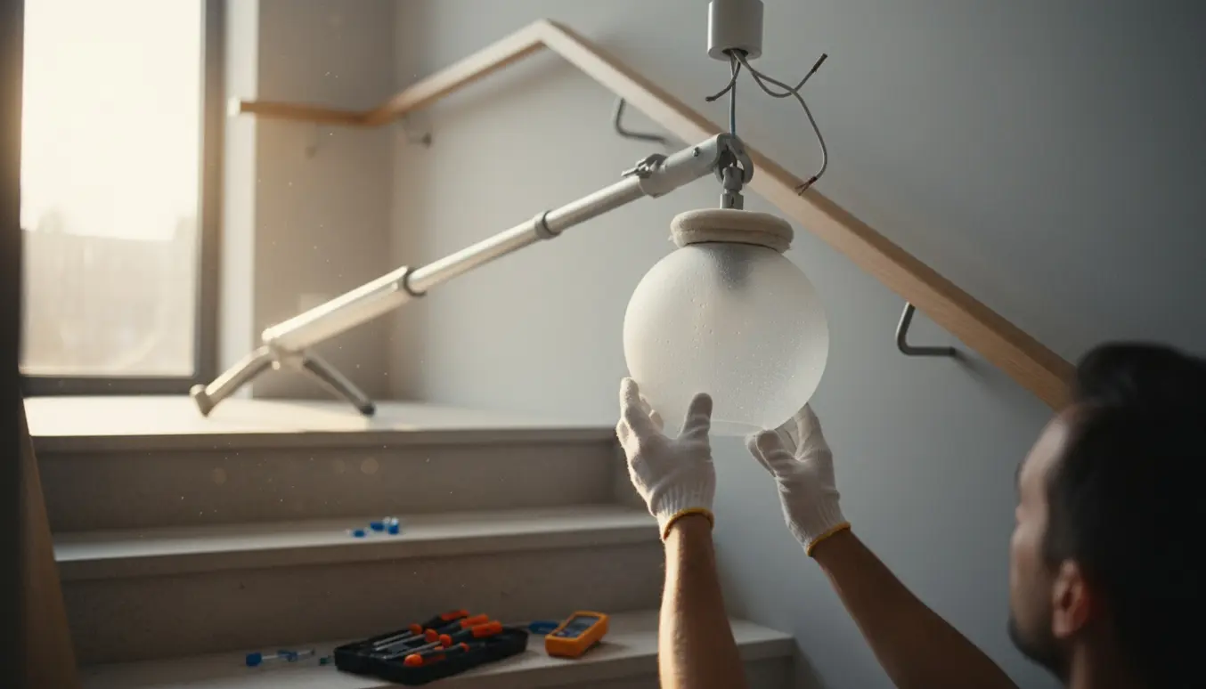 Hænder monterer en let porøs glaspendel i en trappeopgang med en teleskopstang og værktøj på trinene.