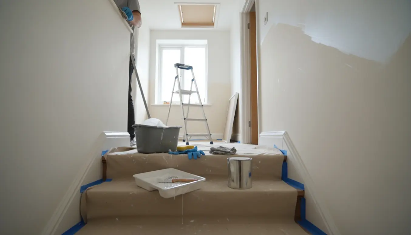 En trappeopgang under rengøring og maling med malerudstyr, afdækningsduge og en åben loftlem.