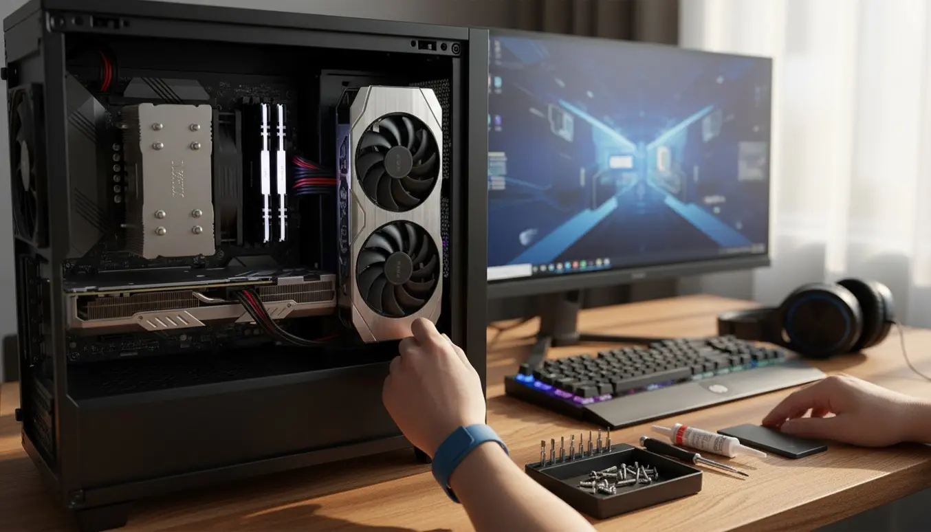 Hænder samler en gaming-pc på et ryddeligt skrivebord med åbent kabinet, komponenter og værktøj.