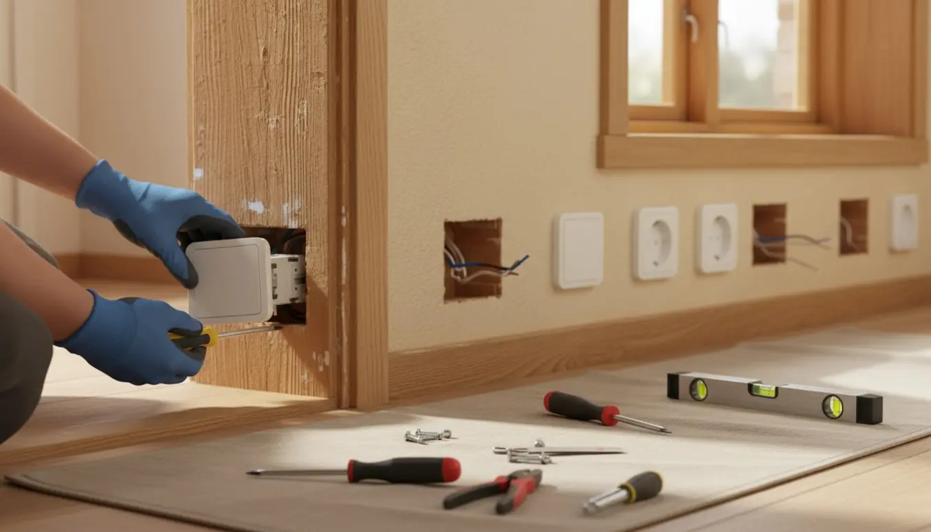 Nærbillede af hænder, der udskifter gamle stikkontakter med nye hvide i væg og trædørpanel.