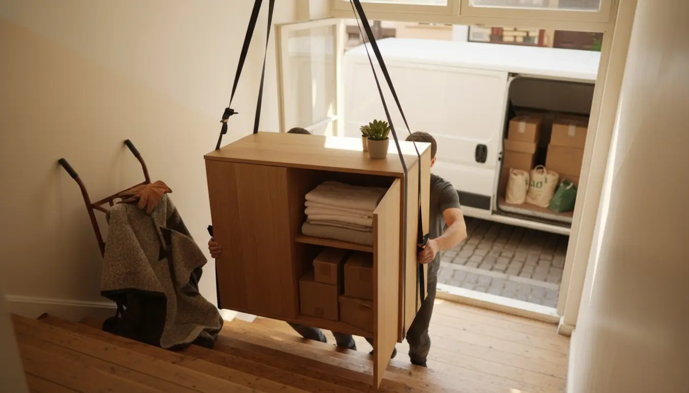 To personer bærer et skab op ad en lys trappeopgang, med åben varevogn og flyttekasser i baggrunden.