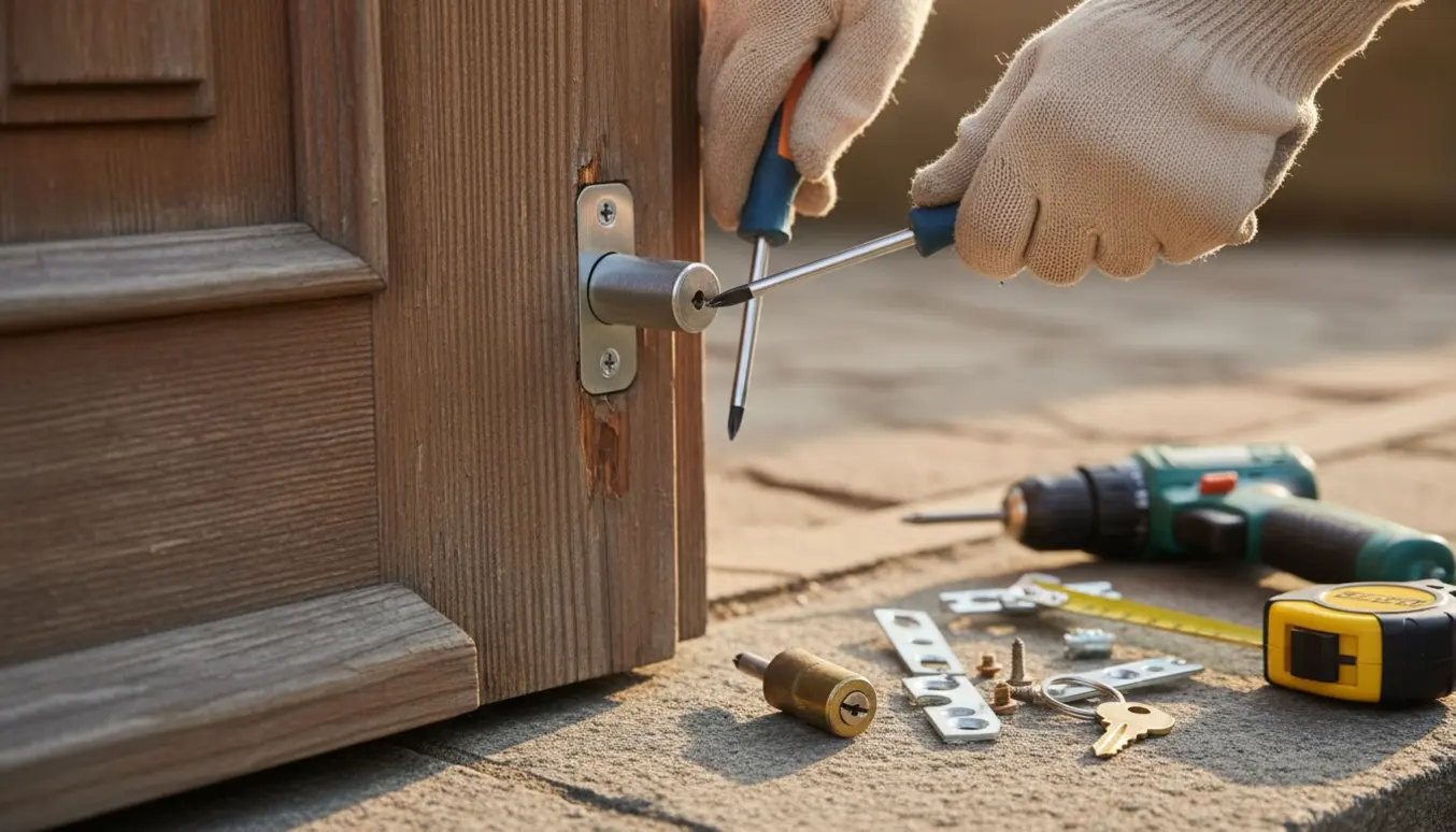 Nærbillede af udskiftning af lås i hoveddør med ny låsecylinder og værktøj på dørtrinet.