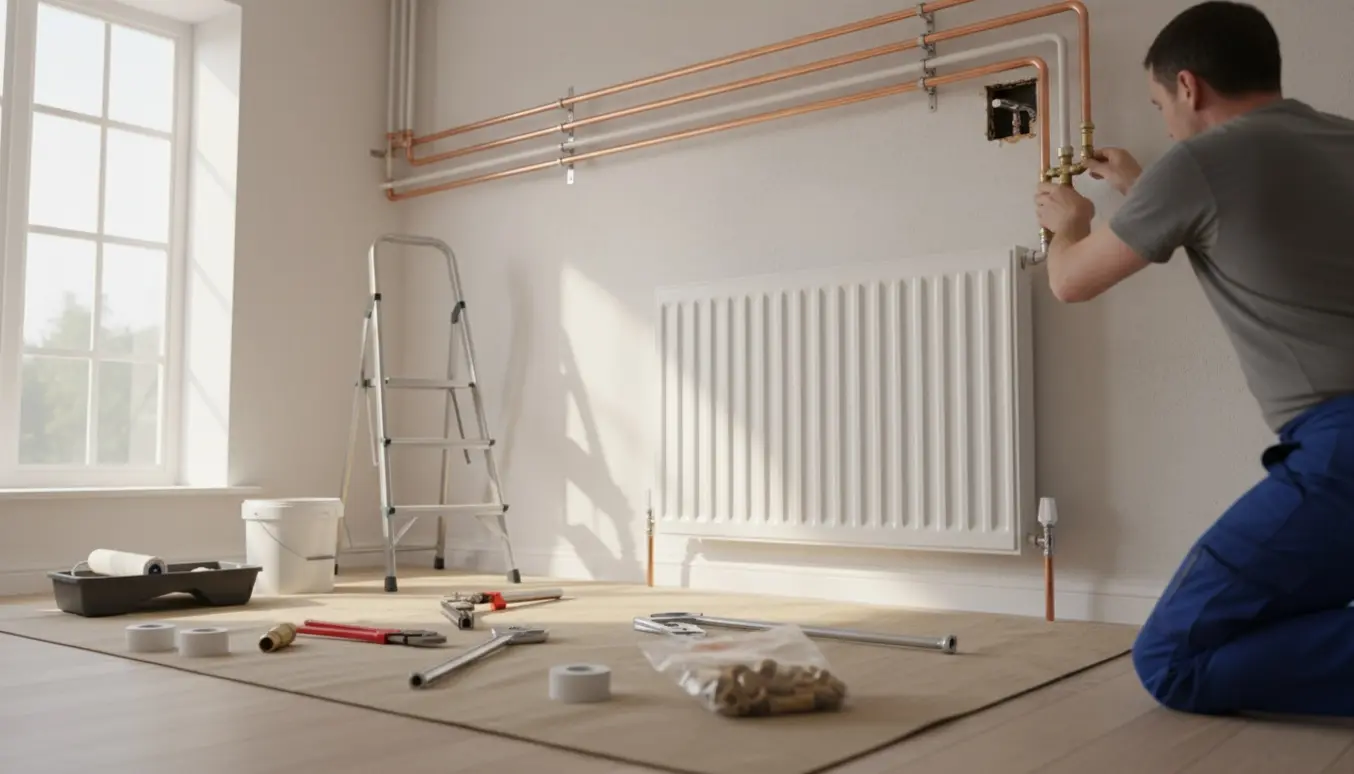 Ny radiator installeret med rør ført langs loftet i et lyst rum.