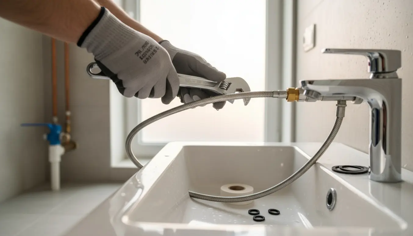 Håndværker tilslutter brusearmatur, håndvask og vaskemaskine med værktøj i et lyst badeværelse.