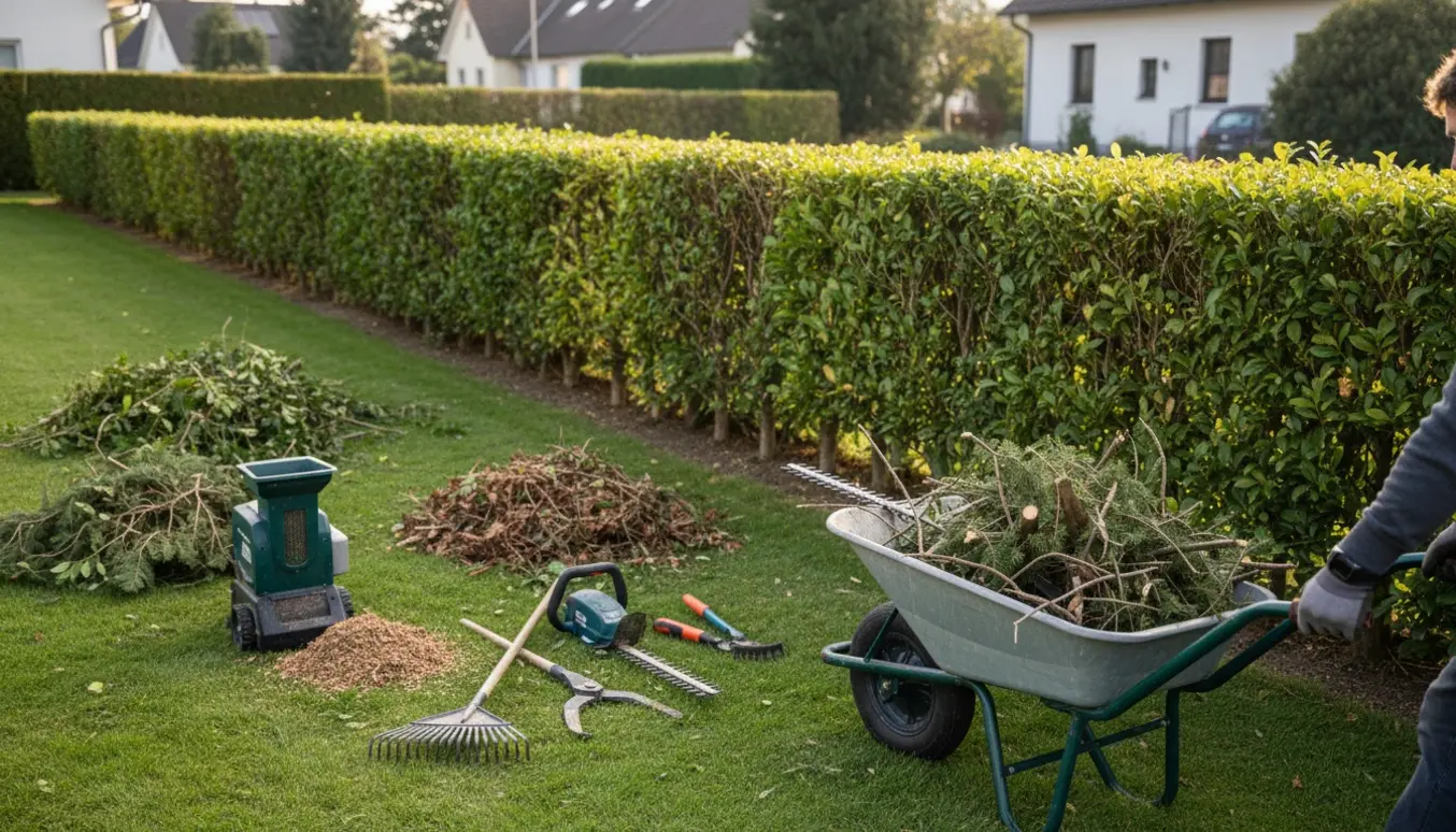 Afklippet hæk på ca. 40 meter med bunker af afklip og haveaffald ved en trillebør og haveredskaber.