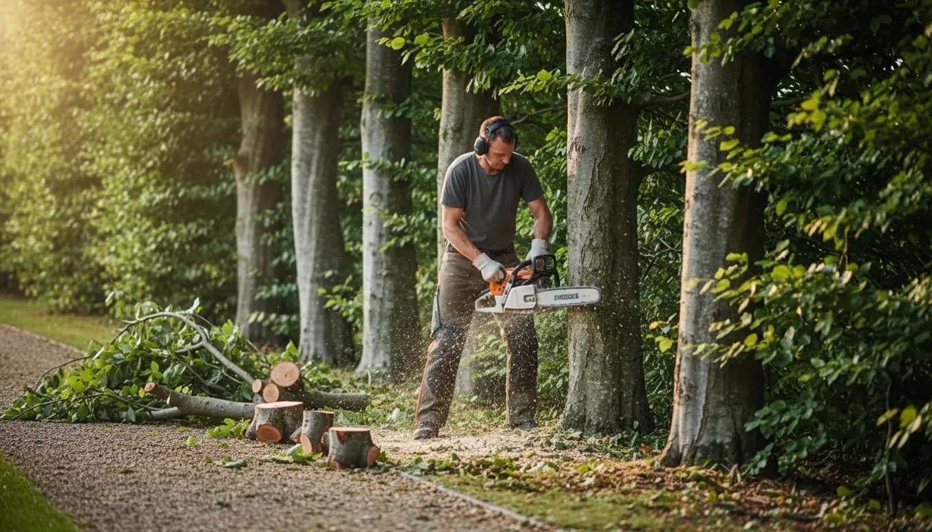 Beskæring af en bøgehæk med motorsav, tykke stammer og frisk savsmuld på jorden.