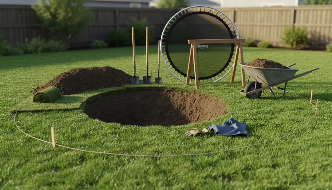 Baghave med cirkulært udgravet hul til indbygget trampolin, skovle og jordbunker ved siden af.