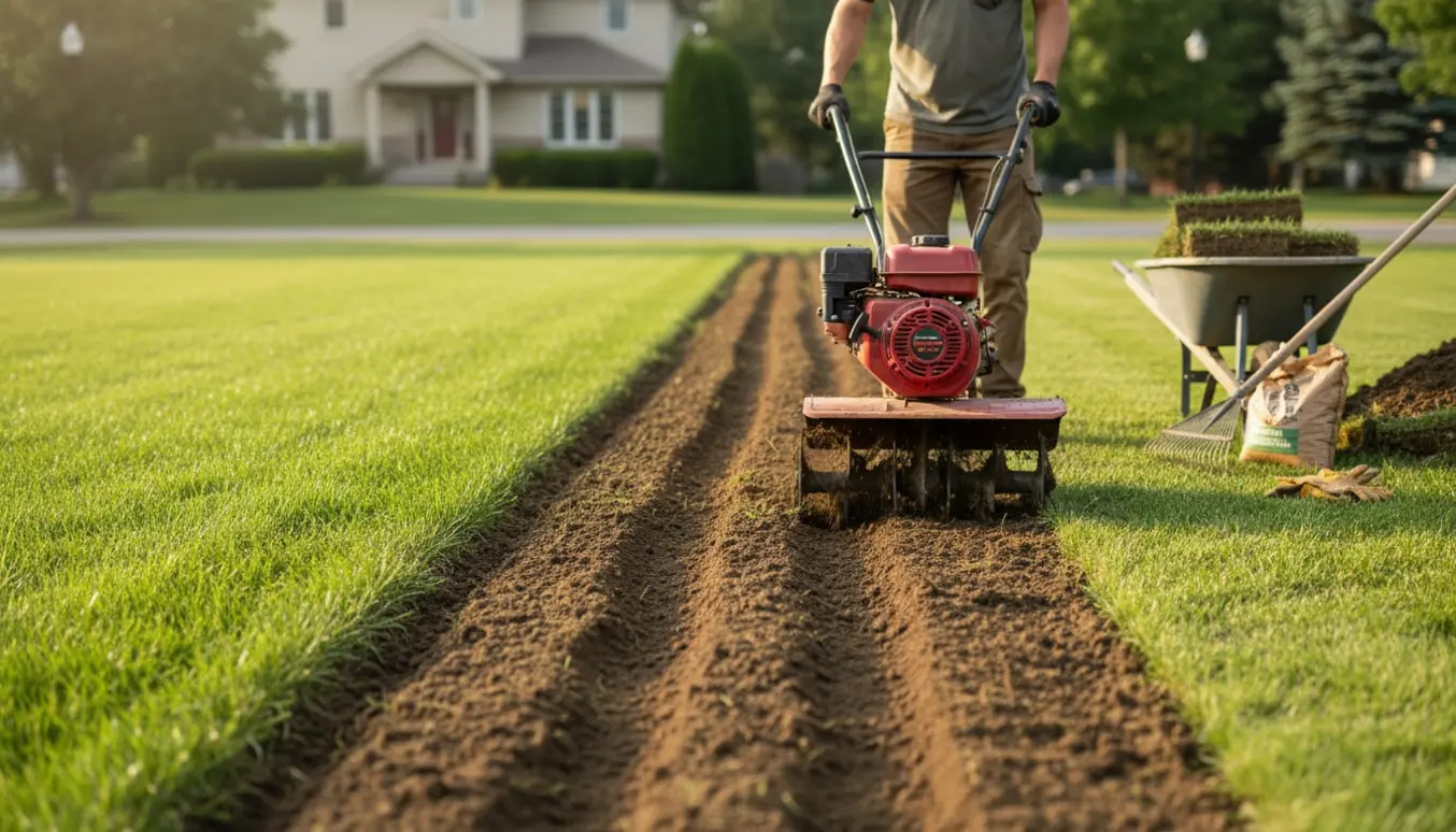 En person (ansigt ikke synligt) fræser en stor græsplæne, med synlige rækker af opfræset jord og værktøj ved siden af.