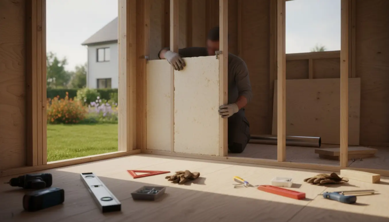 Hænder placerer isoleringsplade i rammen på et træredskabsskur under opbygning.