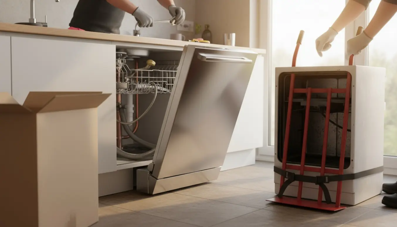 Hænder installerer en ny opvaskemaskine i et lyst køkken, mens den gamle står på en trillebør klar til bortkørsel.