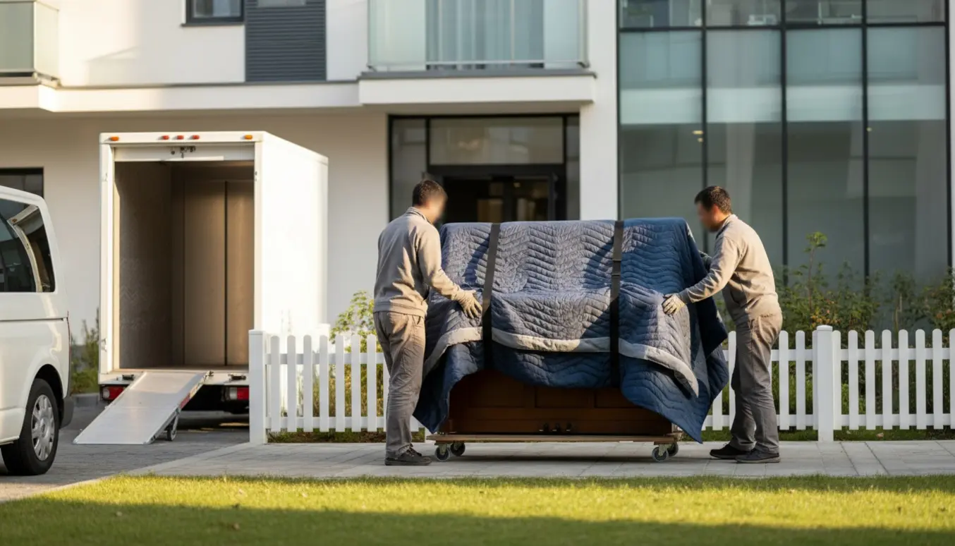 Et klaver pakket i flyttetæpper på græs klar til at blive kørt mod en bygning med åben, stor elevator.